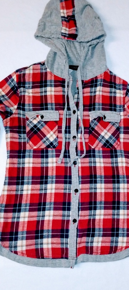 Passport Kids M Red Plaid Button Down Hooded Shirt - Picture 5 of 6